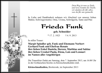 Traueranzeige von Frieda Funk von Südthüringer Presse