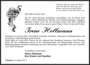 Traueranzeige von Irene Hellmann von Südthüringer Presse