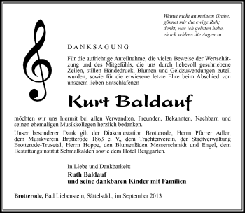Traueranzeige von Kurt Baldauf von Südthüringer Presse