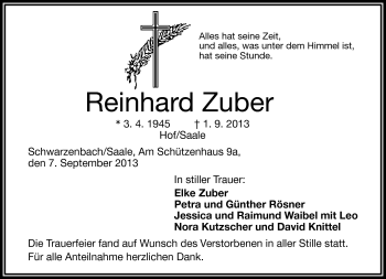 Traueranzeige von Reinhard Zuber von Frankenpost