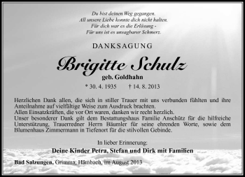 Traueranzeige von Brigitte Schulz von Südthüringer Presse