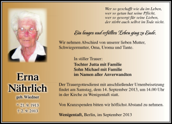 Traueranzeige von Erna Nährlich von Südthüringer Presse