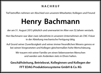 Traueranzeige von Henry Bachmann von Südthüringer Presse
