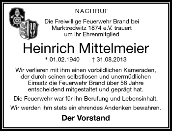 Traueranzeige von Heinrich MIttelmeier von Frankenpost