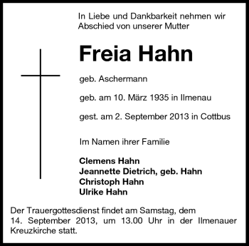 Traueranzeige von Freia Hahn von Südthüringer Presse