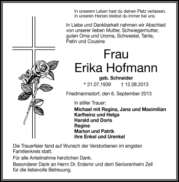 Traueranzeige von Erika Hofmann von Frankenpost