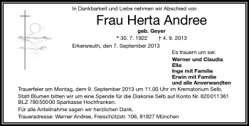 Traueranzeige von Herta Andree von Frankenpost