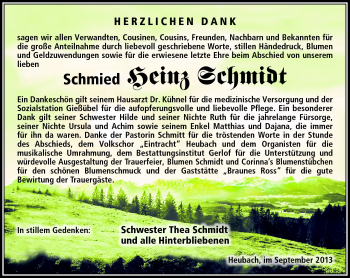 Traueranzeige von Heinz Schmidt von Südthüringer Presse