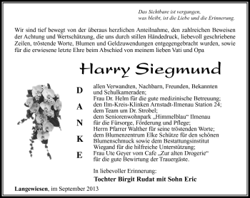 Traueranzeige von Harry Siegmund von Südthüringer Presse
