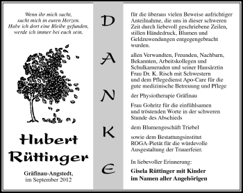 Traueranzeige von Hubert Rüttinger von Südthüringer Presse