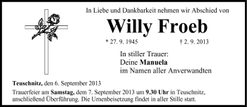 Traueranzeige von Willy Froeb von Neue Presse Coburg