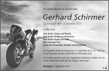 Traueranzeige von Gerhard Schirmer von Südthüringer Presse