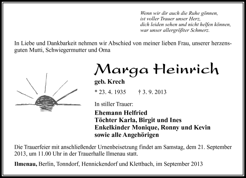  Traueranzeige für Marga Heinrich vom 14.09.2013 aus Südthüringer Presse
