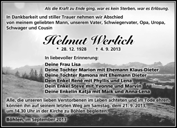 Traueranzeige von Helmut Werlich von Südthüringer Presse