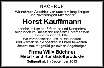 Traueranzeige von Horst Kauffmann von Südthüringer Presse