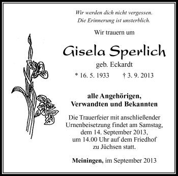 Traueranzeige von Gisela Sperlich von Südthüringer Presse