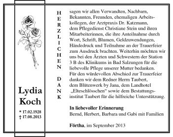 Traueranzeige von Lydia Koch von Südthüringer Presse