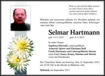 Traueranzeige von Selmar Hartmann von Südthüringer Presse