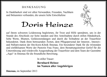Traueranzeige von Doris Heinze von Südthüringer Presse