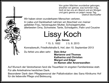 Traueranzeige von Lissy Koch von Frankenpost