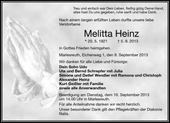 Traueranzeige von Melitta Heinz von Frankenpost