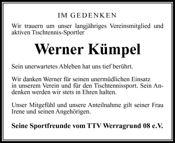 Traueranzeige von Werner Kümpel von Südthüringer Presse