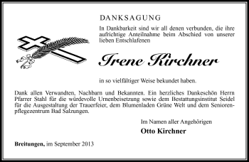 Traueranzeige von Irene Kirchner von Südthüringer Presse