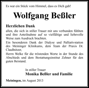 Traueranzeige von Wolfgang Beßler von Südthüringer Presse