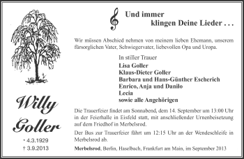 Traueranzeige von Willy Goller von Hof-Coburg-Suhl