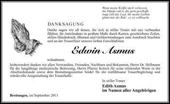 Traueranzeige von Edwin Asmus von Südthüringer Presse