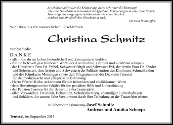 Traueranzeige von Christina Schmitz von Südthüringer Presse