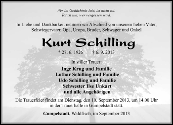 Traueranzeige von Kurt Schilling von Südthüringer Presse