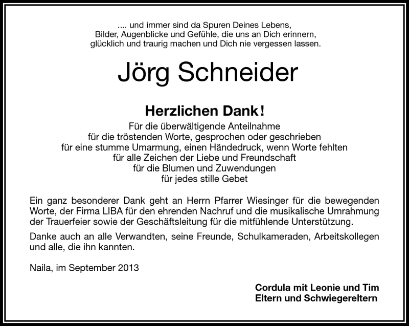  Traueranzeige für Jörg Schneider vom 09.09.2013 aus Frankenpost