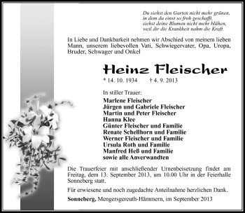 Traueranzeige von Heinz Fleischer von Südthüringer Presse