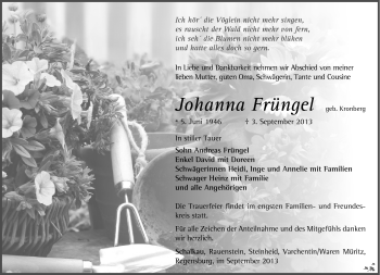 Traueranzeige von Johanna Früngel von Südthüringer Presse
