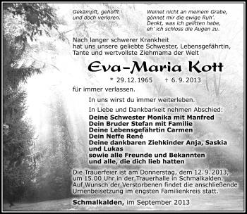 Traueranzeige von Eva-Maria Kott von Südthüringer Presse