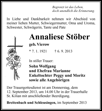 Traueranzeige von Annaliese Stöber von Südthüringer Presse