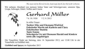Traueranzeige von Gerhard Müller von Südthüringer Presse