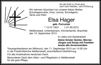 Traueranzeige von Elsa Hager von Frankenpost