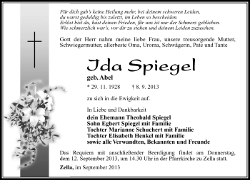 Traueranzeige von Ida Spiegel von Südthüringer Presse