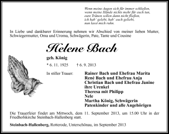 Traueranzeige von Helene Bach von Südthüringer Presse