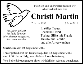 Traueranzeige von Christl Martin von Neue Presse Coburg
