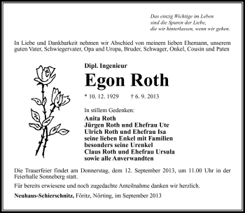 Traueranzeige von Egon Roth von Südthüringer Presse