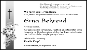 Traueranzeige von Erna Behrend von Südthüringer Presse