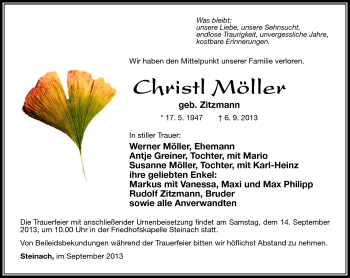 Traueranzeige von Christl Möller von Südthüringer Presse