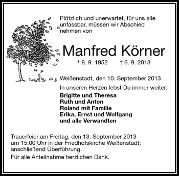Traueranzeige von Manfred Körner von Frankenpost