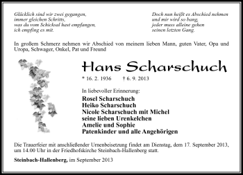 Traueranzeige von Hans Scharschuch von Südthüringer Presse