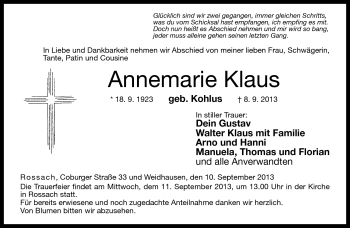 Traueranzeige von Annemarie Klaus von Neue Presse Coburg