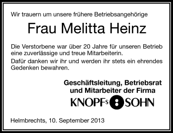 Traueranzeige von Melitta Heinz von Frankenpost
