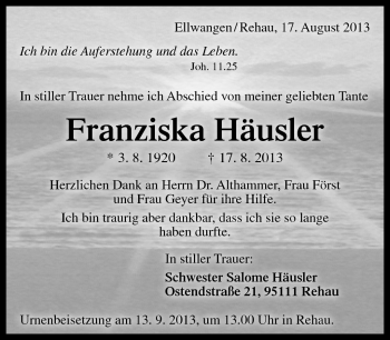 Traueranzeige von Franziska Häusler von Frankenpost